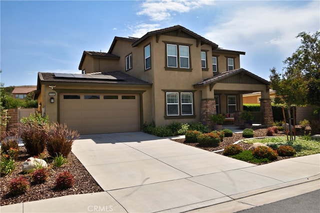 35582 Laurel Tree Ct, Winchester, CA 92596 - craftsman-style house featuring stucco siding, concrete driveway, solar panels, a garage, and a porch