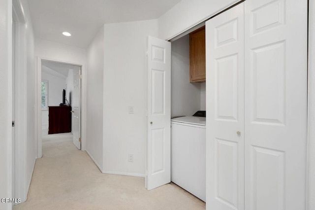 2911 Butter Creek Dr, Pasadena, CA 91107 - laundry area with washer / clothes dryer, cabinet space, light colored carpet, baseboards, and recessed lighting