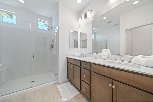 843 Longhorn Way, Rancho Mission Viejo, CA 92694 - full bath with a shower stall, double vanity, tile patterned flooring, and recessed lighting