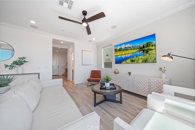 843 Longhorn Way, Rancho Mission Viejo, CA 92694 - living area with ceiling fan, crown molding, light wood finished floors, and recessed lighting