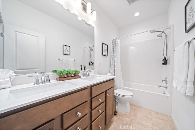 843 Longhorn Way, Rancho Mission Viejo, CA 92694 - full bathroom with double vanity, shower / bath combo, toilet, tile patterned floors, and recessed lighting