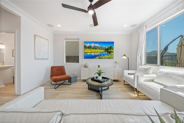 843 Longhorn Way, Rancho Mission Viejo, CA 92694 - living room with ornamental molding, ceiling fan, wood finished floors, baseboards, and recessed lighting