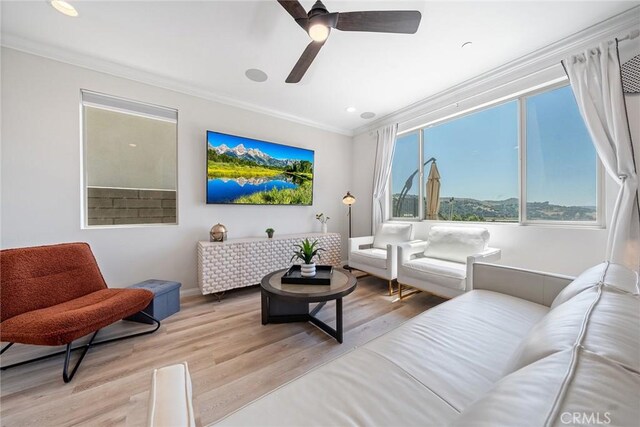 843 Longhorn Way, Rancho Mission Viejo, CA 92694 - living room with ornamental molding, wood finished floors, ceiling fan, recessed lighting, and baseboards