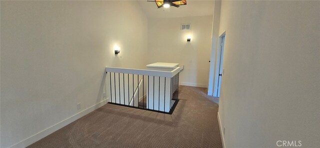 1364 Park Plaza Dr, Long Beach, CA 90804 - hallway with an upstairs landing, carpet flooring, baseboards, and lofted ceiling