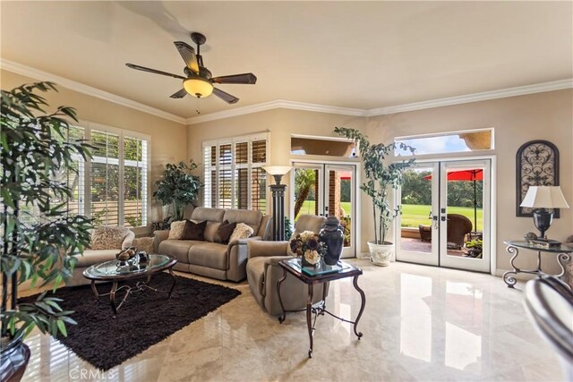 16 Via Barcaza, Coto De Caza, CA 92679 - living room featuring french doors, a ceiling fan, ornamental molding, and marble finish floors