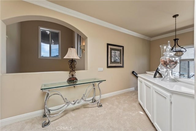16 Via Barcaza, Coto De Caza, CA 92679 - hallway featuring light carpet, crown molding, arched walkways, and plenty of natural light