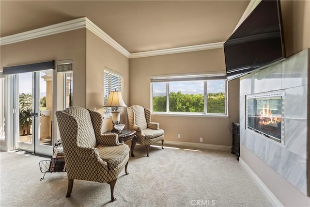 16 Via Barcaza, Coto De Caza, CA 92679 - sitting room with carpet, crown molding, and a tile fireplace