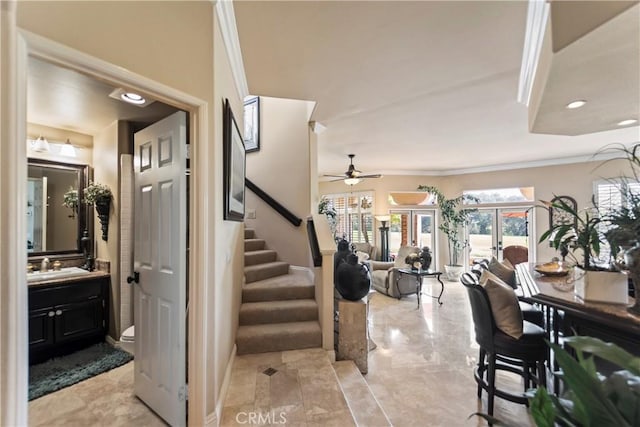 16 Via Barcaza, Coto De Caza, CA 92679 - stairway with a ceiling fan, plenty of natural light, crown molding, and recessed lighting