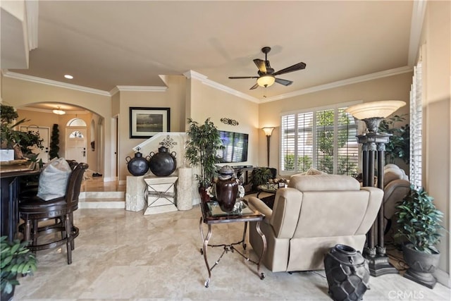 16 Via Barcaza, Coto De Caza, CA 92679 - living area with arched walkways, ceiling fan, and crown molding