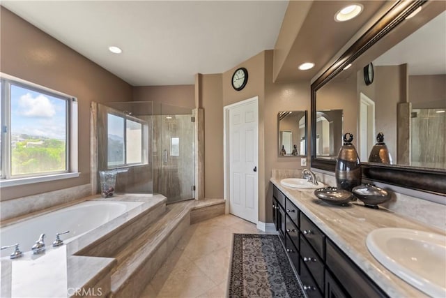 16 Via Barcaza, Coto De Caza, CA 92679 - bathroom featuring a shower stall, a bath, double vanity, tile patterned floors, and recessed lighting