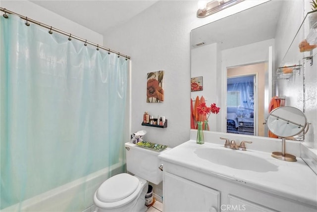 6765 Jadeite Ave, Rancho Cucamonga, CA 91701 - bathroom featuring vanity, shower / bath combo with shower curtain, and toilet