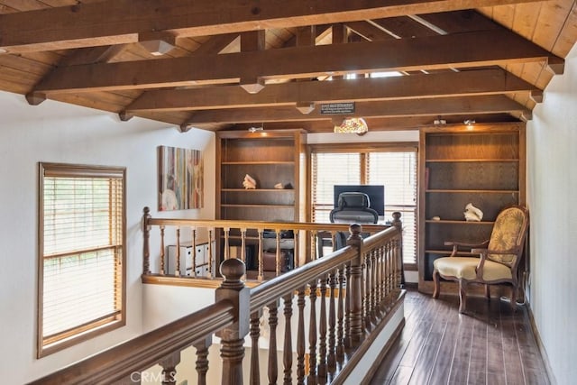 6978 Withers Rd, Riverside, CA 92506 - hallway with hardwood / wood-style floors, wood ceiling, and an upstairs landing