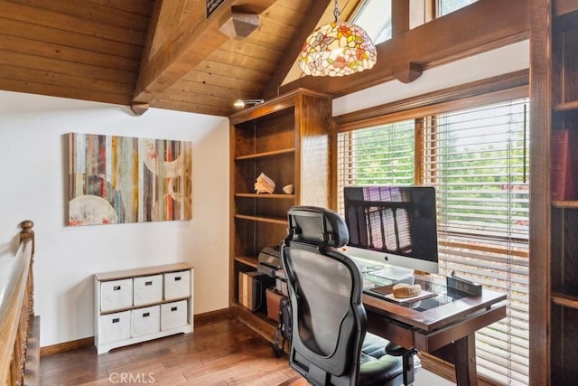 6978 Withers Rd, Riverside, CA 92506 - office featuring vaulted ceiling, wood finished floors, baseboards, and wooden ceiling