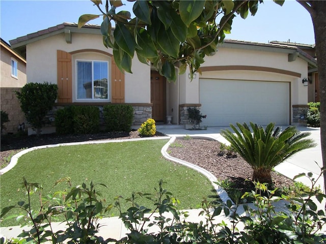 38030 Turning Leaf Ct, Murrieta, CA 92563 - view of front of house with stone siding, an attached garage, stucco siding, and driveway