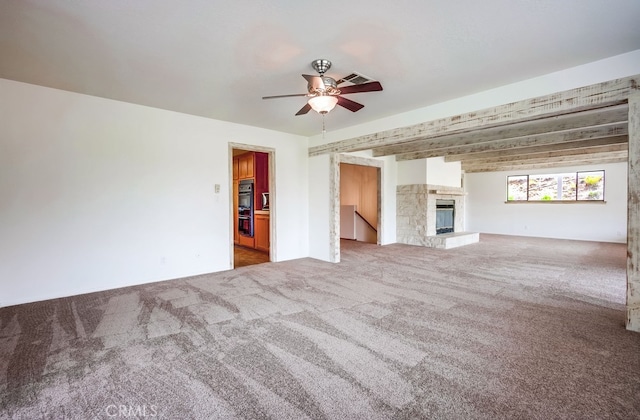 44196 La Cruz Dr, Temecula, CA 92590 - unfurnished living room with carpet floors, ceiling fan, and a glass covered fireplace