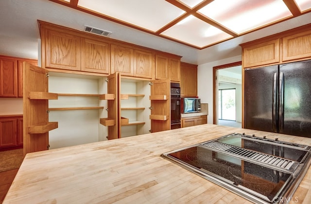 44196 La Cruz Dr, Temecula, CA 92590 - kitchen featuring black appliances, open shelves, and wood finished floors