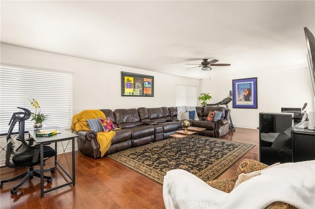 11818 Pocasset Dr, Whittier, CA 90601 - living room with ceiling fan, dark wood-style floors, and an office area