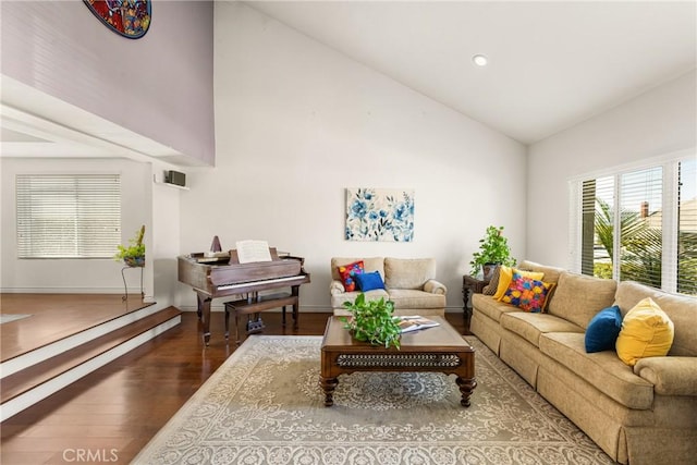 11818 Pocasset Dr, Whittier, CA 90601 - living room with high vaulted ceiling, wood finished floors, and recessed lighting