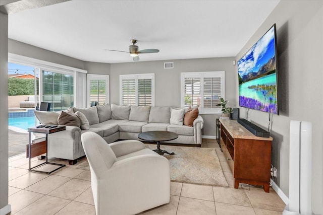 970 Carlsbad St, San Diego, CA 92114 - living room featuring a ceiling fan, healthy amount of natural light, light tile patterned floors, and baseboards