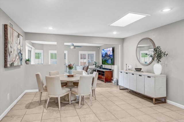 970 Carlsbad St, San Diego, CA 92114 - dining area with light tile patterned floors, recessed lighting, a skylight, baseboards, and a ceiling fan