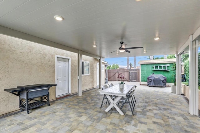 970 Carlsbad St, San Diego, CA 92114 - view of patio with grilling area, outdoor dining space, and ceiling fan
