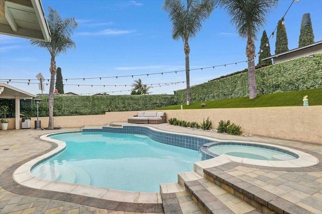 970 Carlsbad St, San Diego, CA 92114 - view of pool featuring a fenced backyard, a pool with connected hot tub, a patio area, and outdoor lounge area