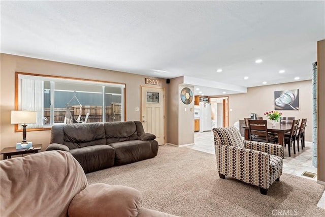 30955 Scenic Way, Running Springs, CA 92382 - living room with light carpet, recessed lighting, and baseboards