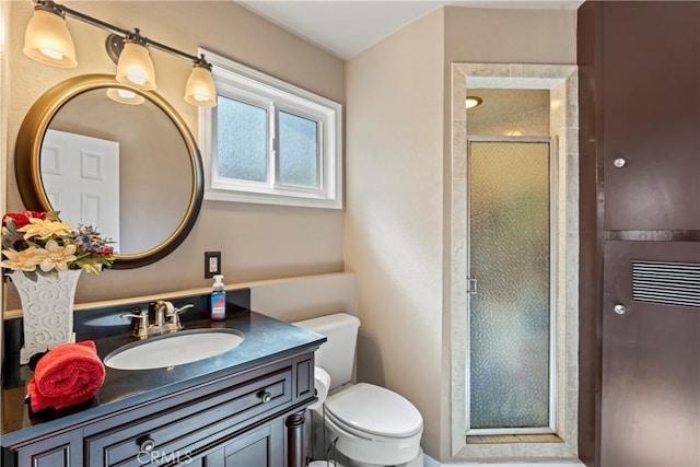 30955 Scenic Way, Running Springs, CA 92382 - bathroom with toilet, vanity, and a stall shower