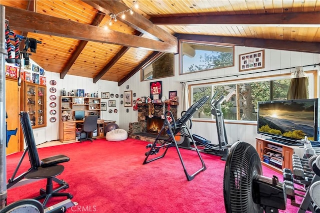 30955 Scenic Way, Running Springs, CA 92382 - workout room with wood ceiling, vaulted ceiling, and carpet