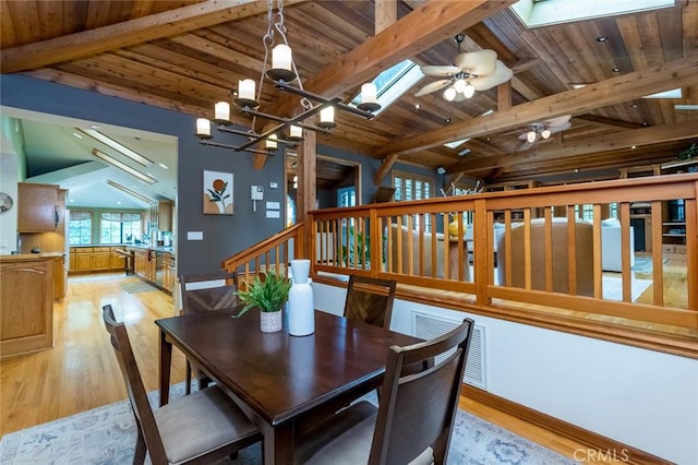 2410 W Cinco Casitas Ln, La Crescenta, CA 91214 - dining room with a skylight, a ceiling fan, light wood-style floors, wood ceiling, and a chandelier