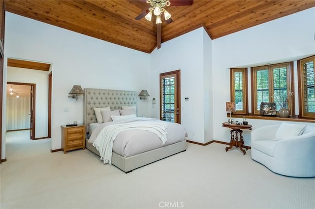 2410 W Cinco Casitas Ln, La Crescenta, CA 91214 - carpeted bedroom featuring baseboards, wood ceiling, high vaulted ceiling, and ceiling fan