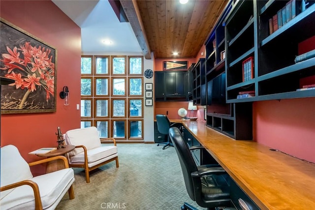2410 W Cinco Casitas Ln, La Crescenta, CA 91214 - office space featuring wood ceiling, built in desk, carpet flooring, and recessed lighting