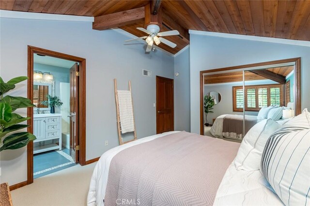 2410 W Cinco Casitas Ln, La Crescenta, CA 91214 - carpeted bedroom featuring wood ceiling, a closet, ceiling fan, baseboards, and ensuite bath
