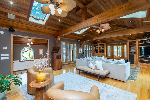 2410 W Cinco Casitas Ln, La Crescenta, CA 91214 - living area featuring a ceiling fan, a skylight, wood ceiling, wood finished floors, and baseboards