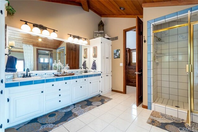 2410 W Cinco Casitas Ln, La Crescenta, CA 91214 - bathroom featuring wood ceiling, lofted ceiling, a stall shower, double vanity, and tile patterned flooring