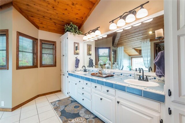 2410 W Cinco Casitas Ln, La Crescenta, CA 91214 - full bathroom with lofted ceiling, wood ceiling, double vanity, tile patterned floors, and baseboards
