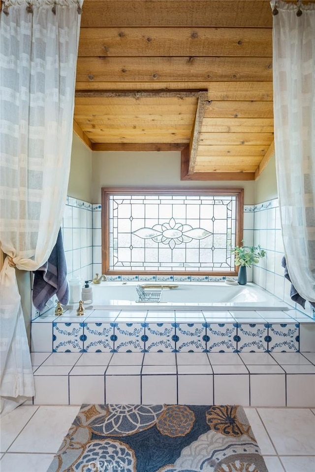 2410 W Cinco Casitas Ln, La Crescenta, CA 91214 - full bath with tile patterned flooring, wood ceiling, and tiled bath