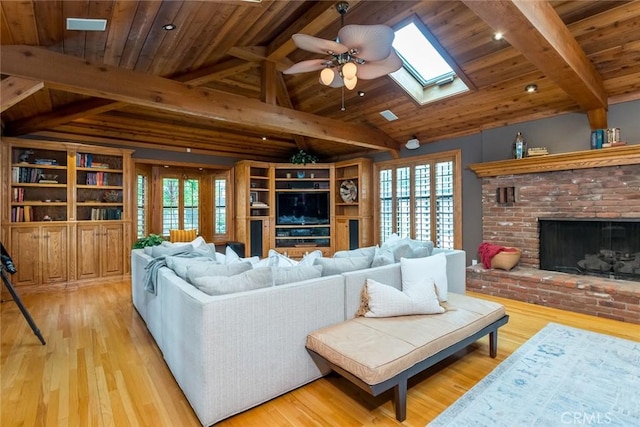 2410 W Cinco Casitas Ln, La Crescenta, CA 91214 - living room featuring a skylight, a ceiling fan, wooden ceiling, wood finished floors, and healthy amount of natural light