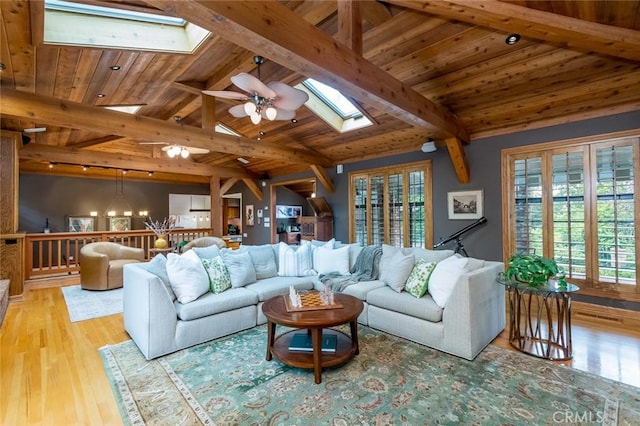 2410 W Cinco Casitas Ln, La Crescenta, CA 91214 - living area featuring a skylight, a ceiling fan, wood finished floors, and wooden ceiling