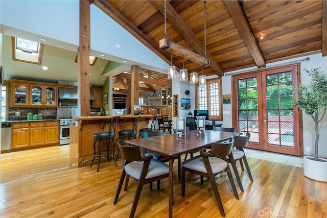 2410 W Cinco Casitas Ln, La Crescenta, CA 91214 - dining room featuring wood ceiling with exposed beams, light wood-type flooring, high vaulted ceiling, french doors, and recessed lighting