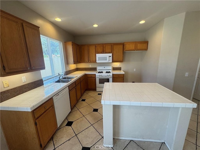 531 Corte, San Pablo, Perris, CA 92571 - kitchen featuring white appliances, a sink, brown cabinets, recessed lighting, and light tile patterned floors