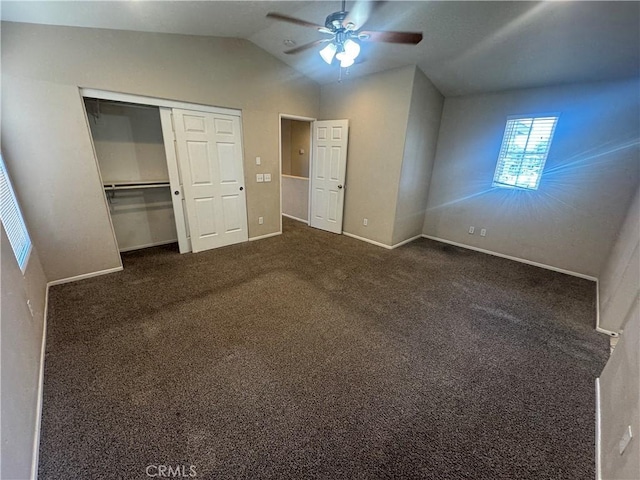 531 Corte, San Pablo, Perris, CA 92571 - unfurnished bedroom featuring vaulted ceiling, baseboards, a closet, ceiling fan, and carpet floors