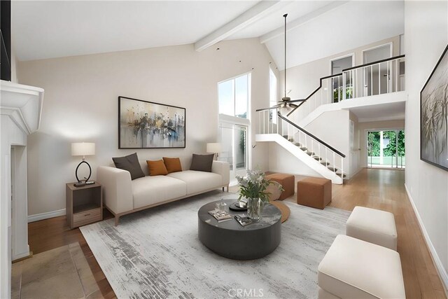 3 Rock Spgs, Irvine, CA 92604 - living room with wood finished floors, stairs, baseboards, high vaulted ceiling, and beamed ceiling