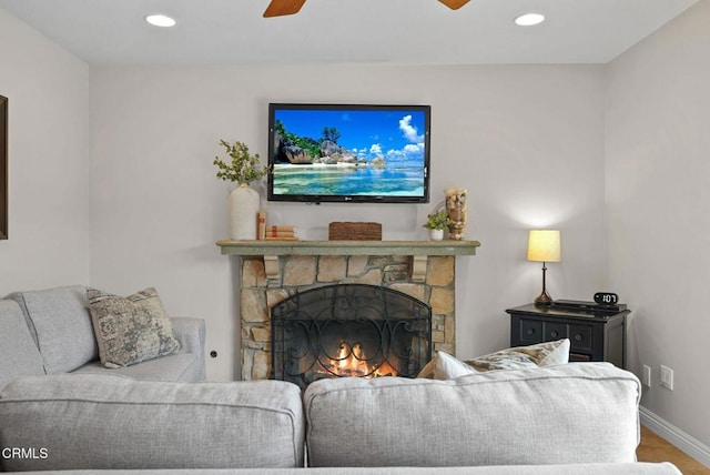 1045 Rotella St, Newbury Park, CA 91320 - living area featuring a ceiling fan, recessed lighting, and a stone fireplace