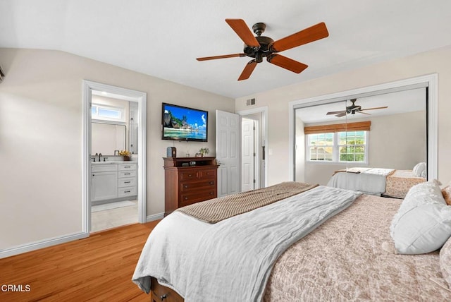 1045 Rotella St, Newbury Park, CA 91320 - bedroom featuring light wood-style flooring, a closet, a ceiling fan, and ensuite bathroom
