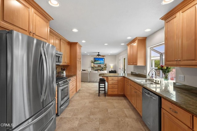 1045 Rotella St, Newbury Park, CA 91320 - kitchen with appliances with stainless steel finishes, open floor plan, recessed lighting, a warm lit fireplace, and ceiling fan