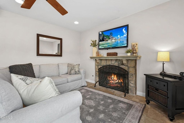 1045 Rotella St, Newbury Park, CA 91320 - living area with a ceiling fan, a fireplace, and recessed lighting