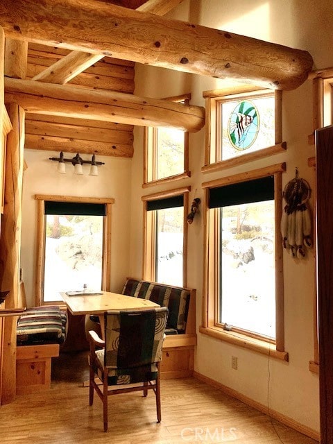 826 Boulder Rd, Big Bear Lake, CA 92315 - dining room featuring beamed ceiling and light wood finished floors