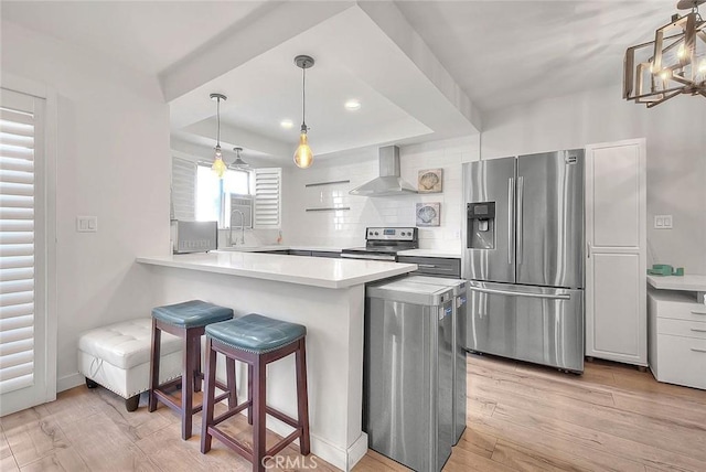 810 Edgewood St Unit 302, Inglewood, CA 90302 - kitchen with appliances with stainless steel finishes, wall chimney exhaust hood, light countertops, light wood-style floors, and backsplash