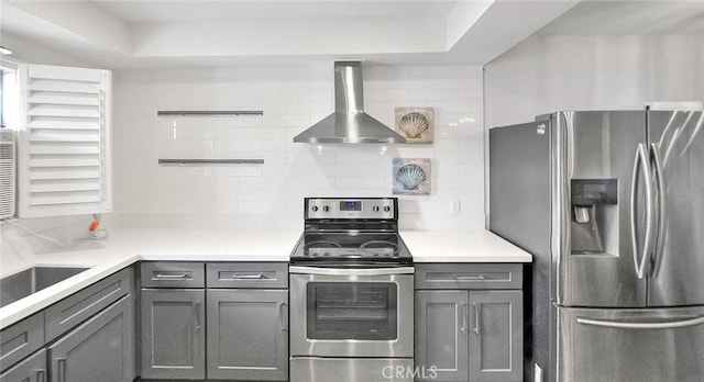 810 Edgewood St Unit 302, Inglewood, CA 90302 - kitchen with stainless steel appliances, wall chimney exhaust hood, gray cabinets, and tasteful backsplash